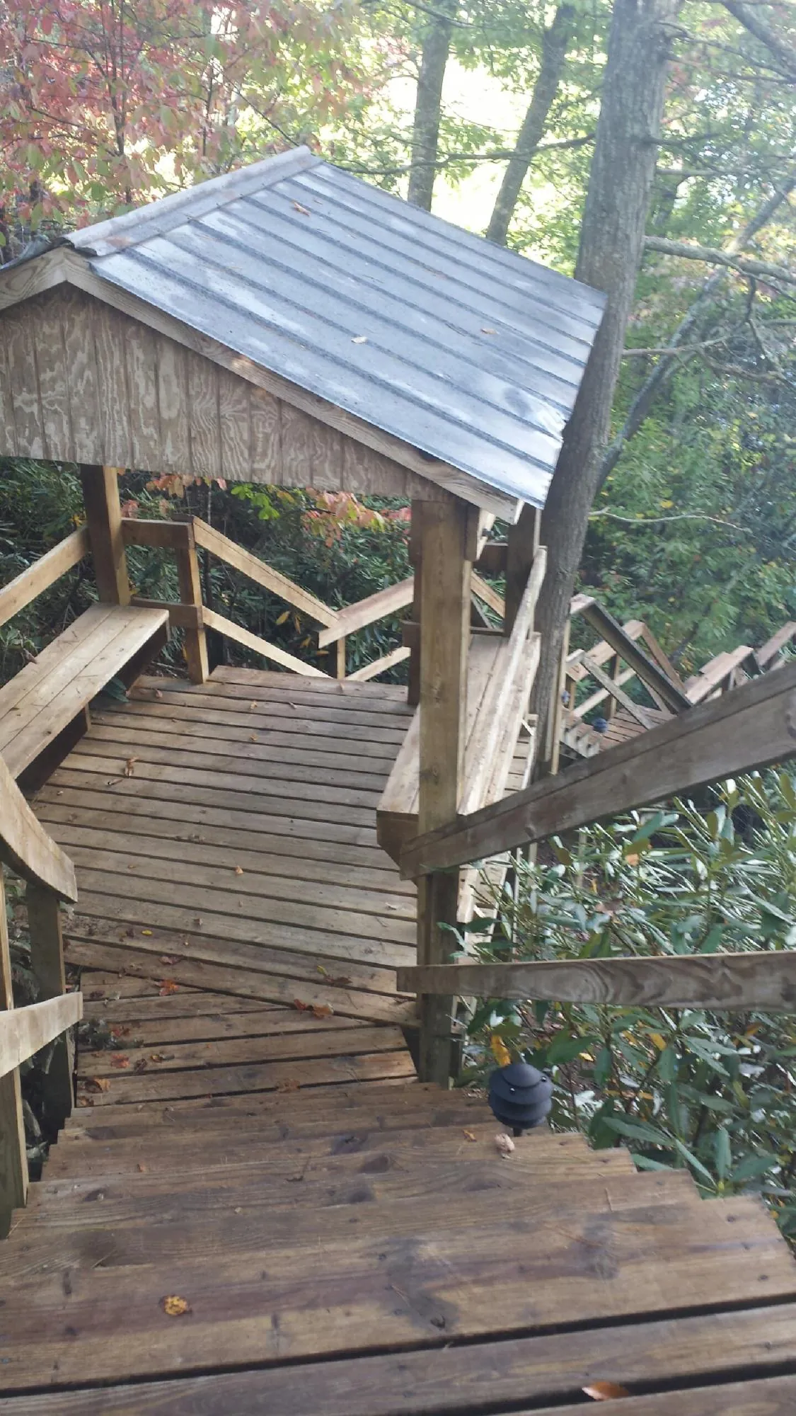 Metal roofed shelter over wooden steps on a wooded walkway — Skylight Repair & Installation work by our crew in Magazine